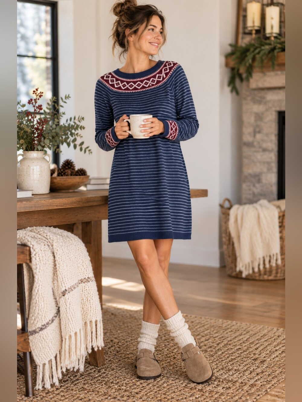 Hanna Andersson Navy Fair Isle Striped Sweater Dress Size XS Nordic